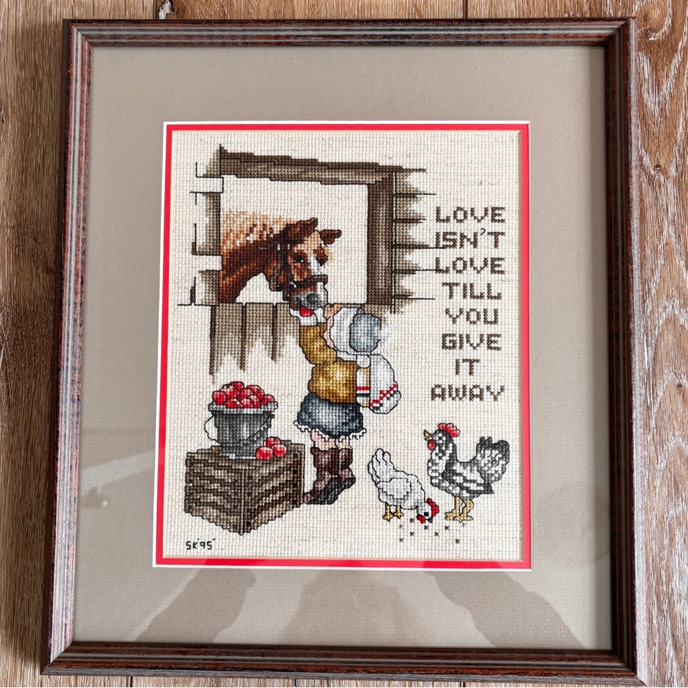 VTG Cross Stitch "Love Isn’t Love Till You Give It Away" Framed 1995 Horse Chick